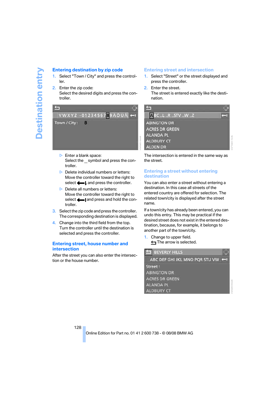 Destination entry | BMW M5 Sedan 2009 User Manual | Page 130 / 266