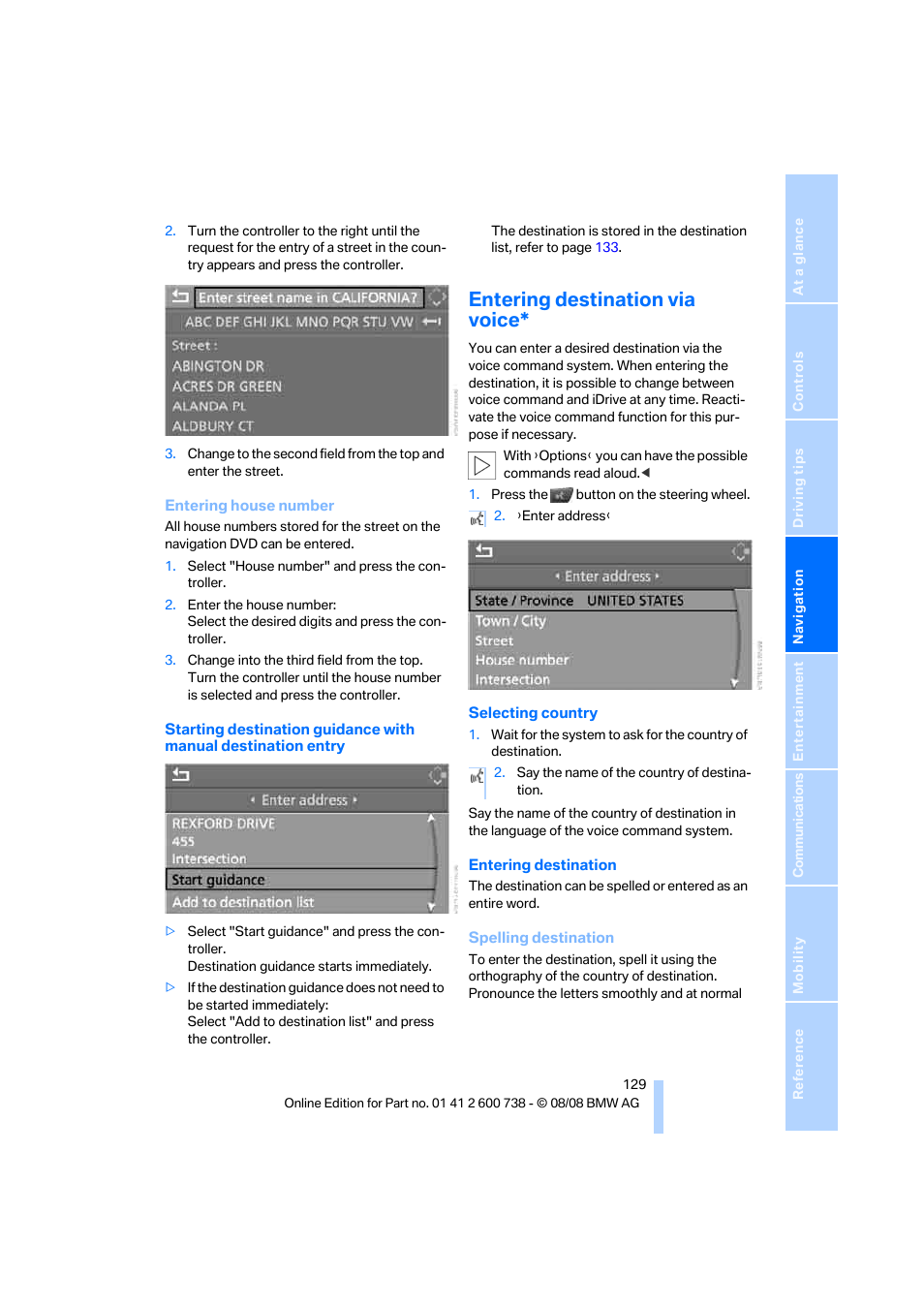 Entering destination via voice, Entering destination via voice*, refer to | BMW M5 Sedan 2009 User Manual | Page 131 / 266