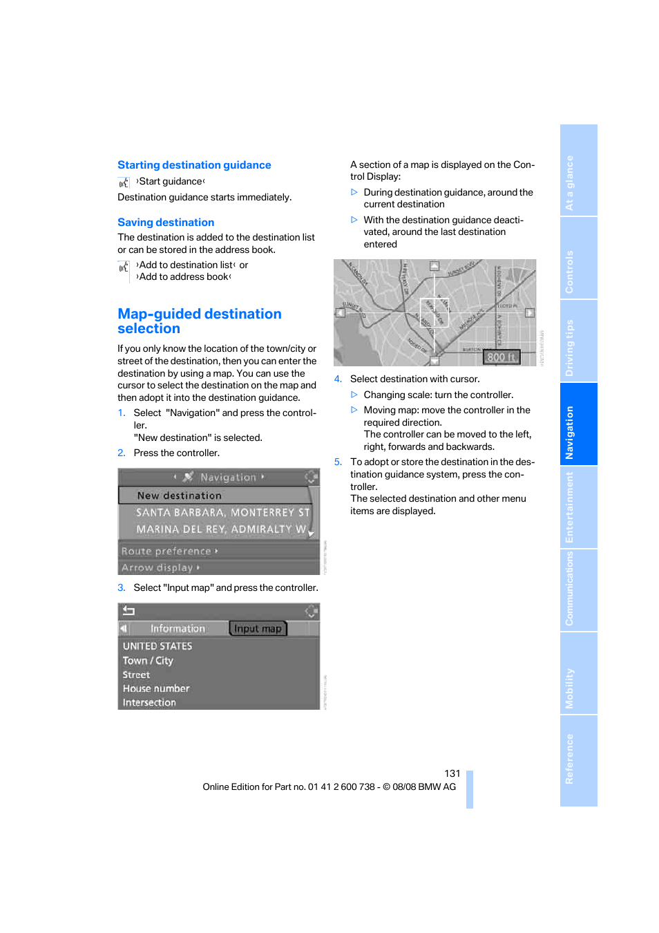 Map-guided destination selection | BMW M5 Sedan 2009 User Manual | Page 133 / 266