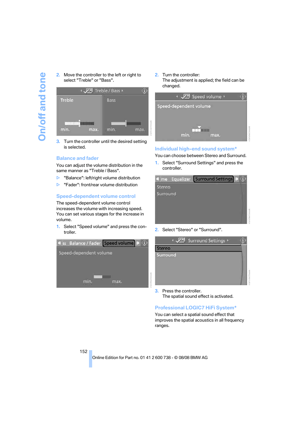 On/off and tone | BMW M5 Sedan 2009 User Manual | Page 154 / 266