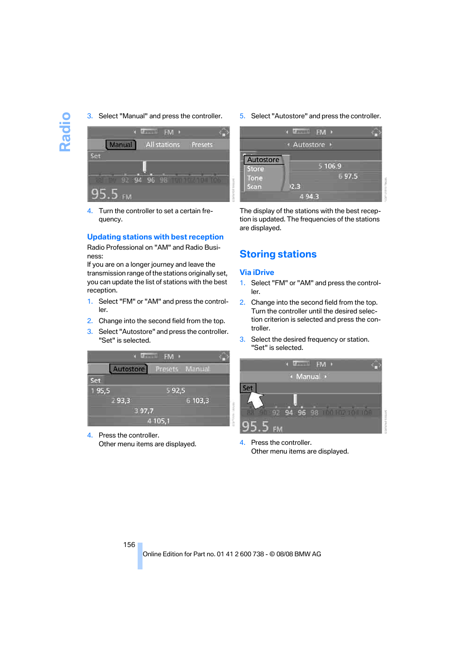 Storing stations, Radi o | BMW M5 Sedan 2009 User Manual | Page 158 / 266