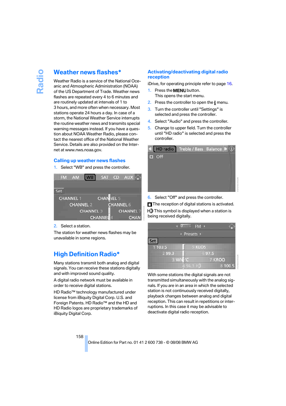 Weather news flashes, High definition radio, Radi o | BMW M5 Sedan 2009 User Manual | Page 160 / 266