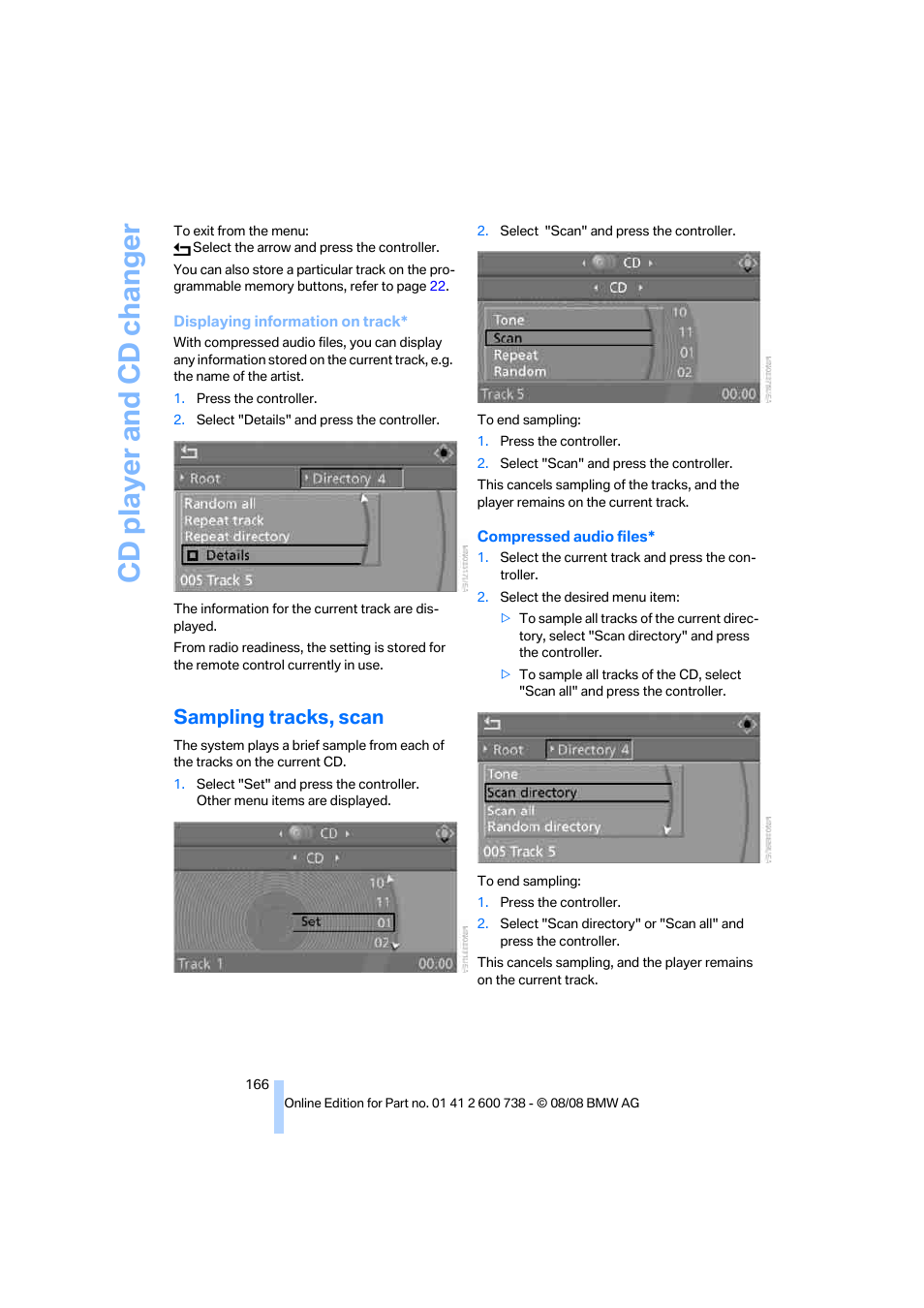 Sampling tracks, scan, Cd player and cd changer | BMW M5 Sedan 2009 User Manual | Page 168 / 266