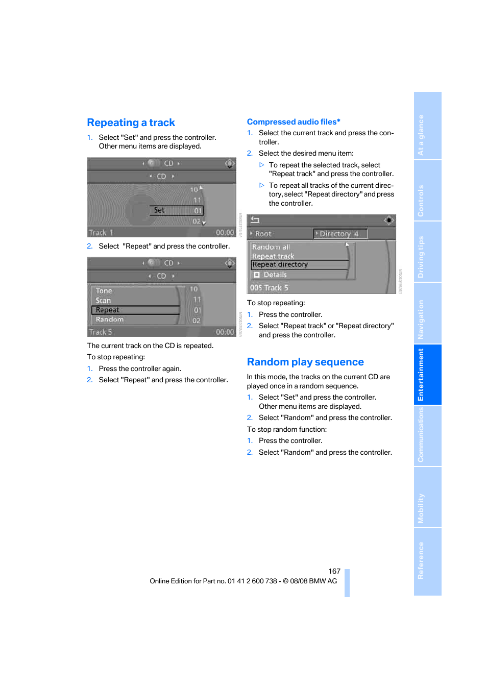 Repeating a track, Random play sequence | BMW M5 Sedan 2009 User Manual | Page 169 / 266