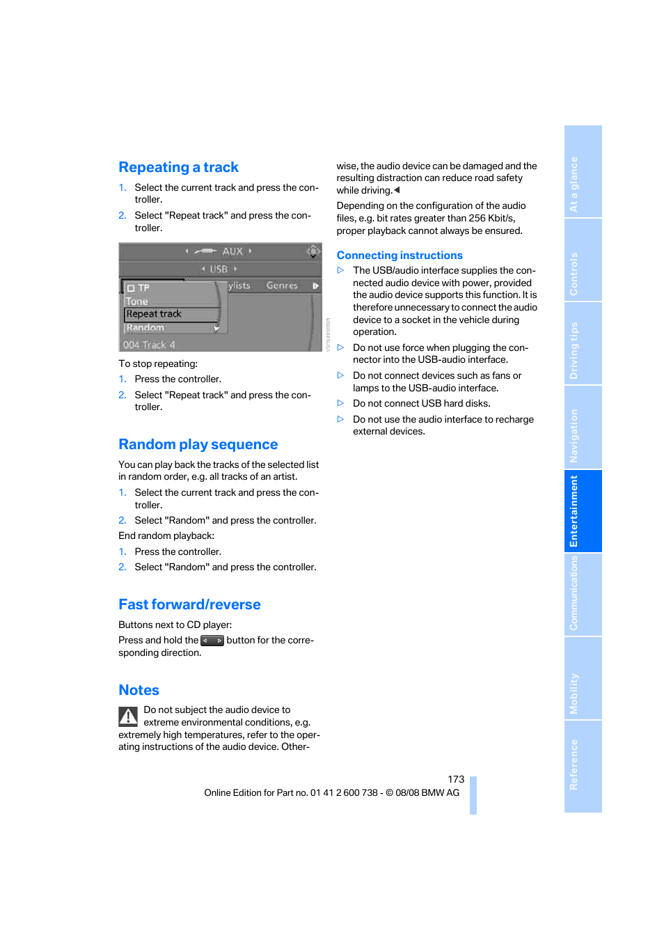 Repeating a track, Random play sequence, Fast forward/reverse | Notes | BMW M5 Sedan 2009 User Manual | Page 175 / 266