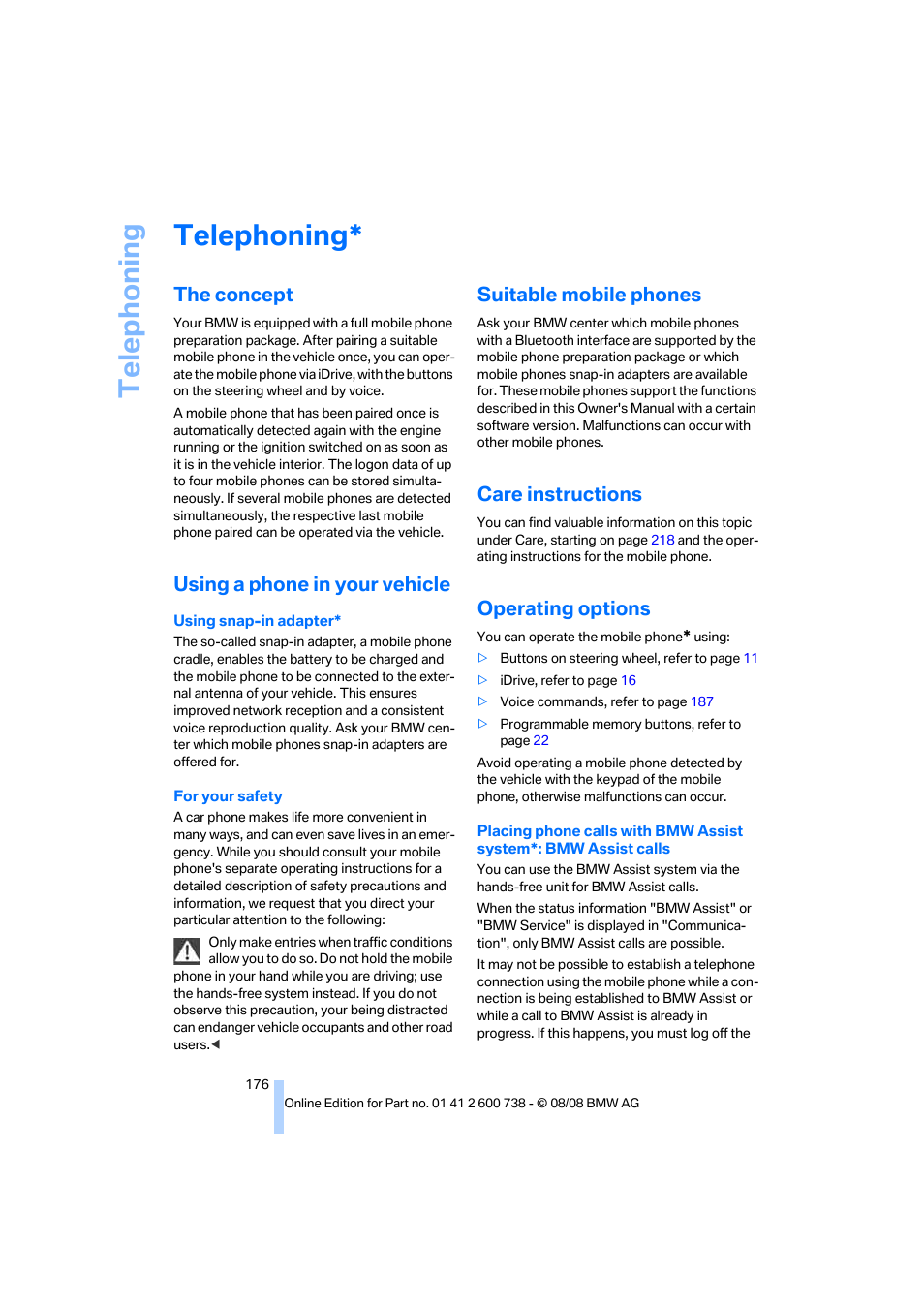 Telephoning, The concept, Using a phone in your vehicle | Suitable mobile phones, Care instructions, Operating options, Icat | BMW M5 Sedan 2009 User Manual | Page 178 / 266