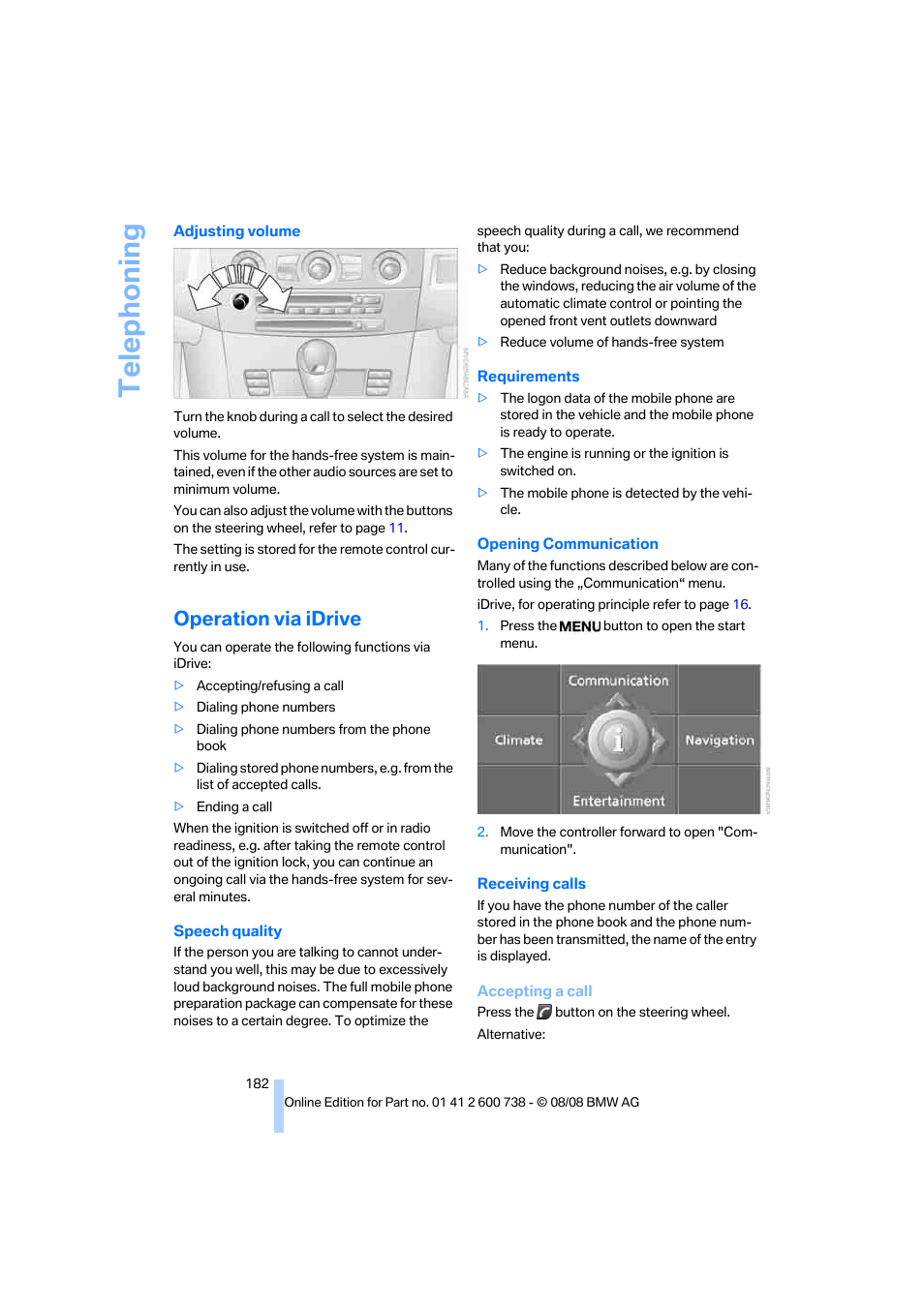 Operation via idrive, Telephoning | BMW M5 Sedan 2009 User Manual | Page 184 / 266