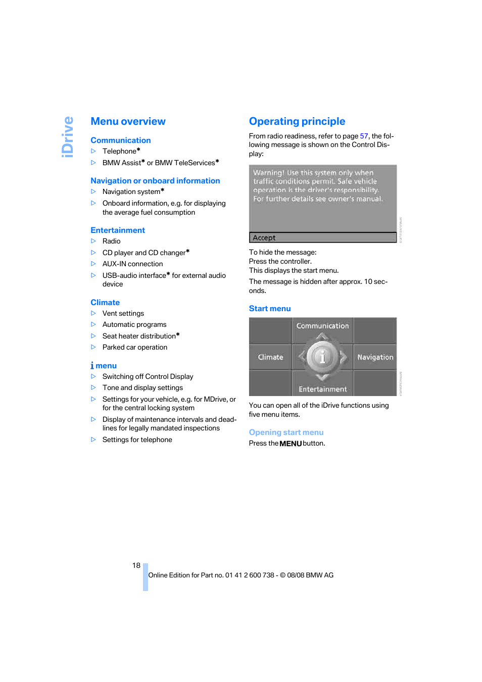 Menu overview, Operating principle, L display | Idrive | BMW M5 Sedan 2009 User Manual | Page 20 / 266