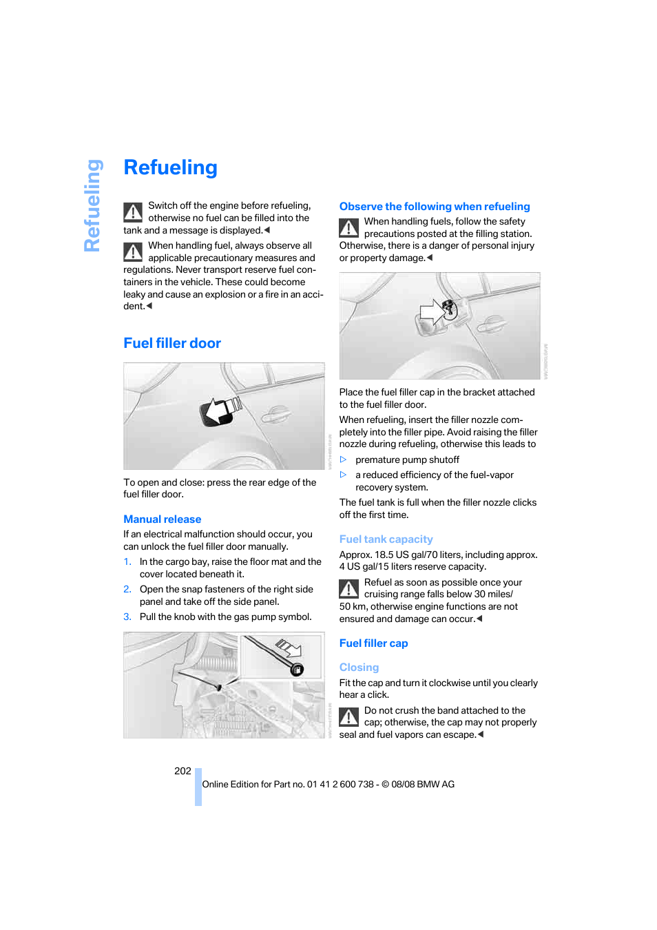 Refueling, Fuel filler door, Lity | BMW M5 Sedan 2009 User Manual | Page 204 / 266