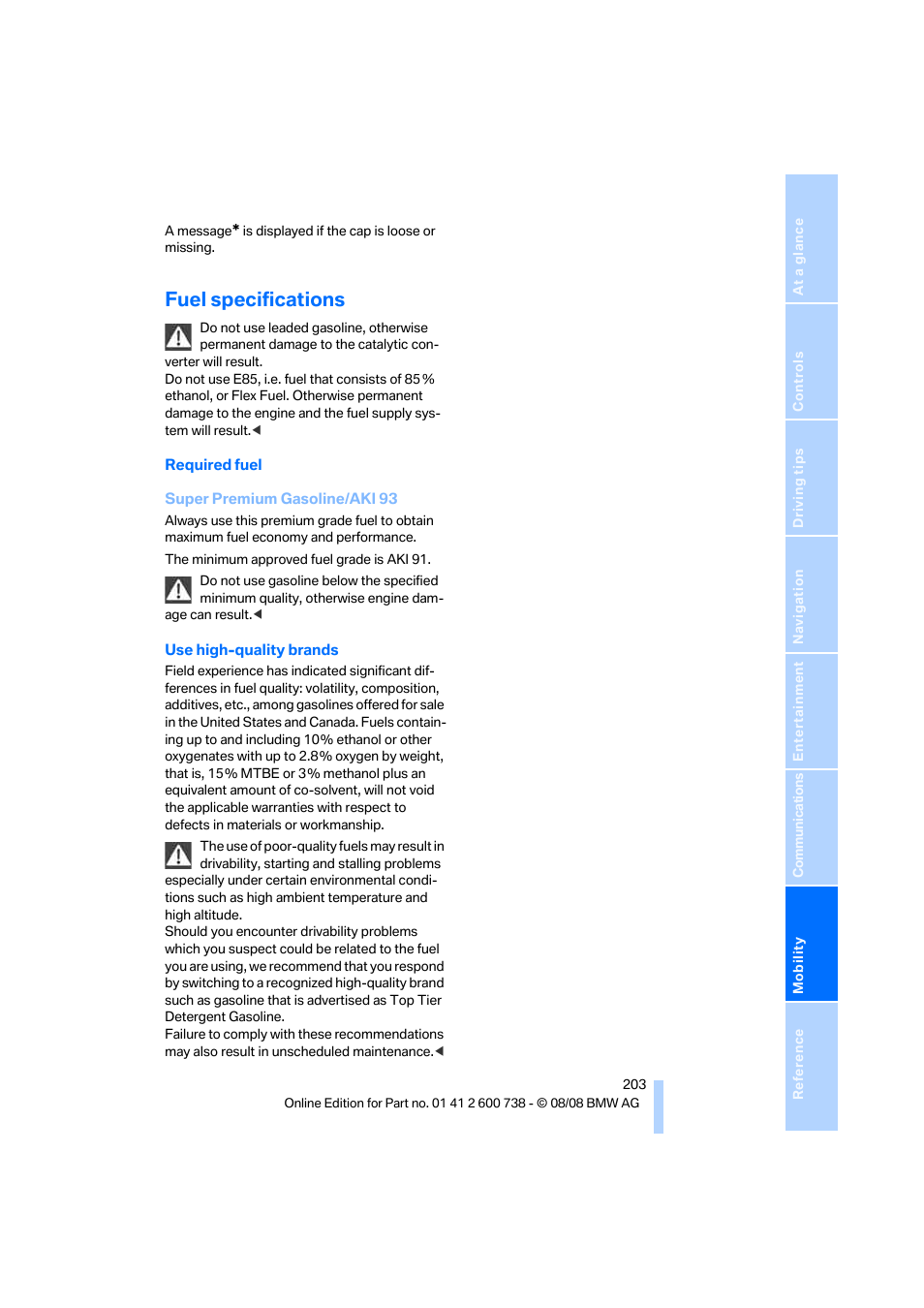 Fuel specifications | BMW M5 Sedan 2009 User Manual | Page 205 / 266