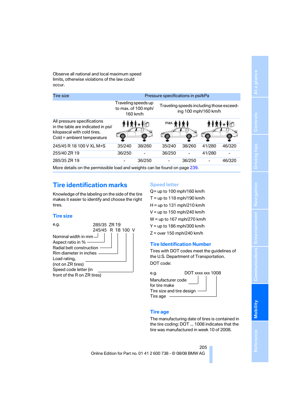 Tire identification marks | BMW M5 Sedan 2009 User Manual | Page 207 / 266