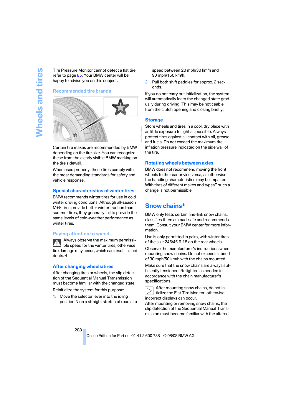 Snow chains, Wheels and tires | BMW M5 Sedan 2009 User Manual | Page 210 / 266