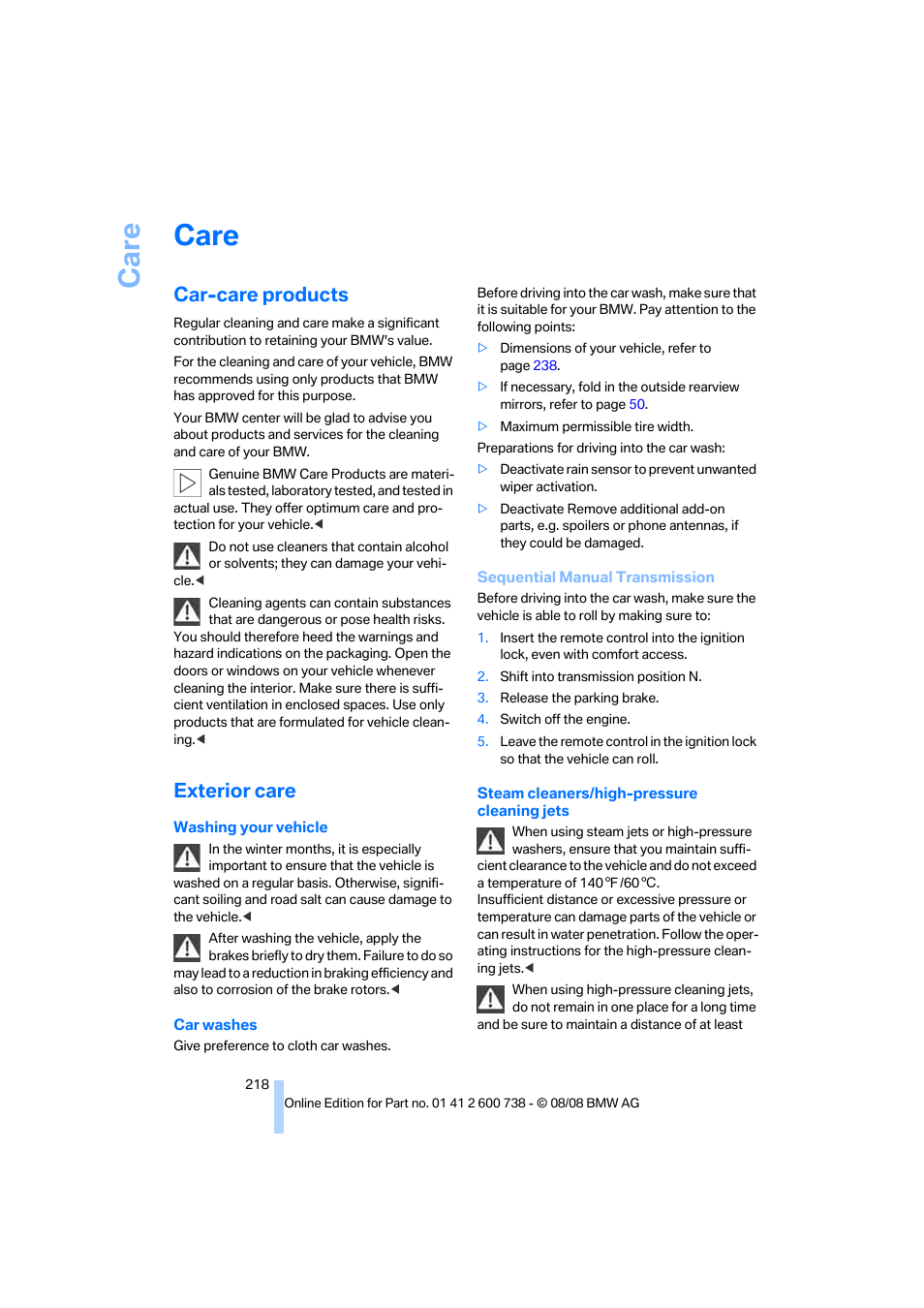 Care, Car-care products, Exterior care | And the ope | BMW M5 Sedan 2009 User Manual | Page 220 / 266
