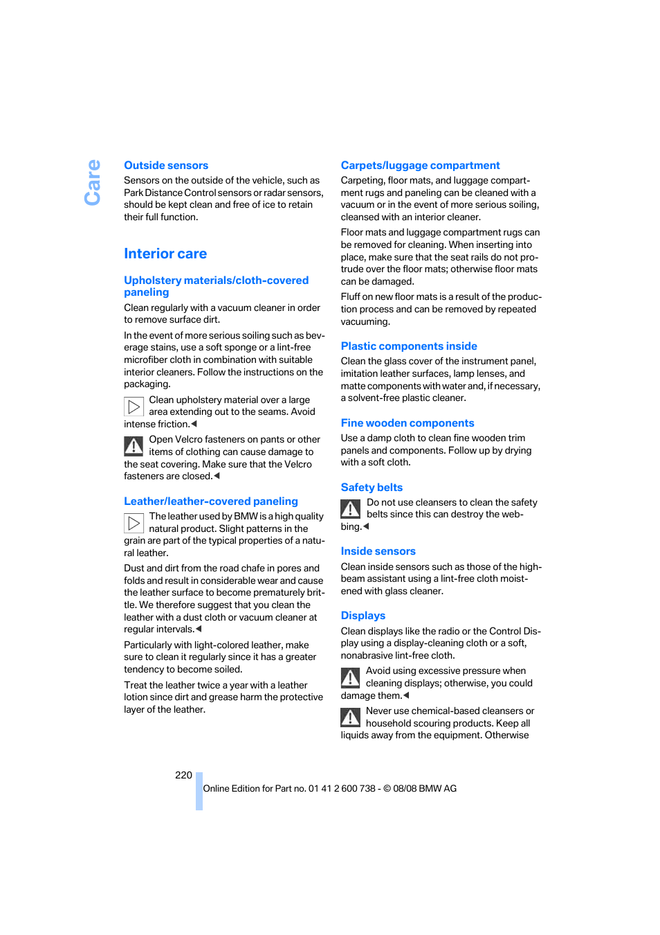 Interior care, Care | BMW M5 Sedan 2009 User Manual | Page 222 / 266