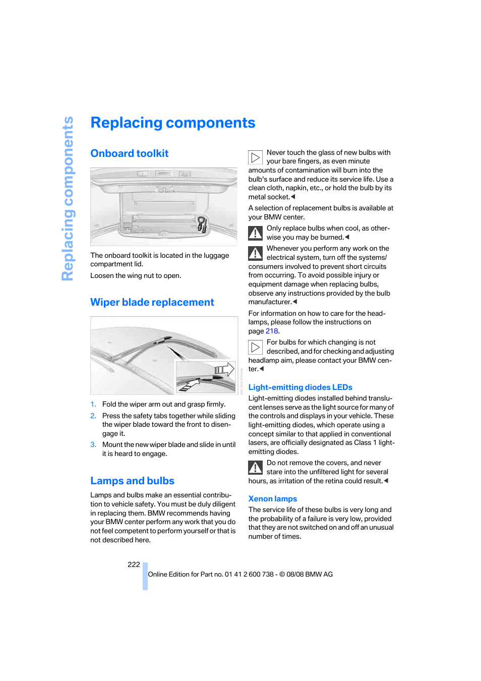 Replacing components, Onboard toolkit, Wiper blade replacement | Lamps and bulbs | BMW M5 Sedan 2009 User Manual | Page 224 / 266