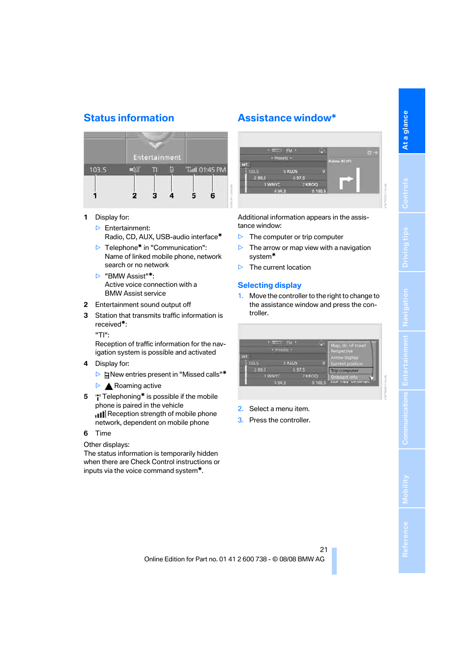 Status information, Assistance window | BMW M5 Sedan 2009 User Manual | Page 23 / 266