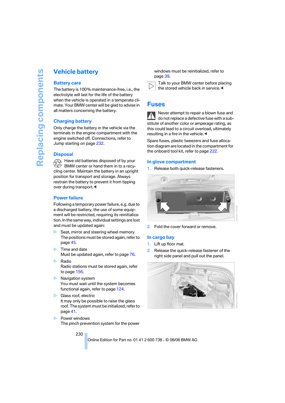 Vehicle battery, Fuses, Replacing components | BMW M5 Sedan 2009 User Manual | Page 232 / 266