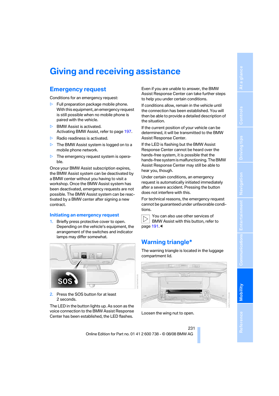 Giving and receiving assistance, Emergency request, Warning triangle | BMW M5 Sedan 2009 User Manual | Page 233 / 266