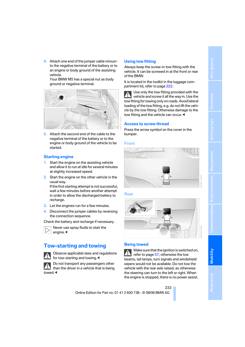 Tow-starting and towing | BMW M5 Sedan 2009 User Manual | Page 235 / 266
