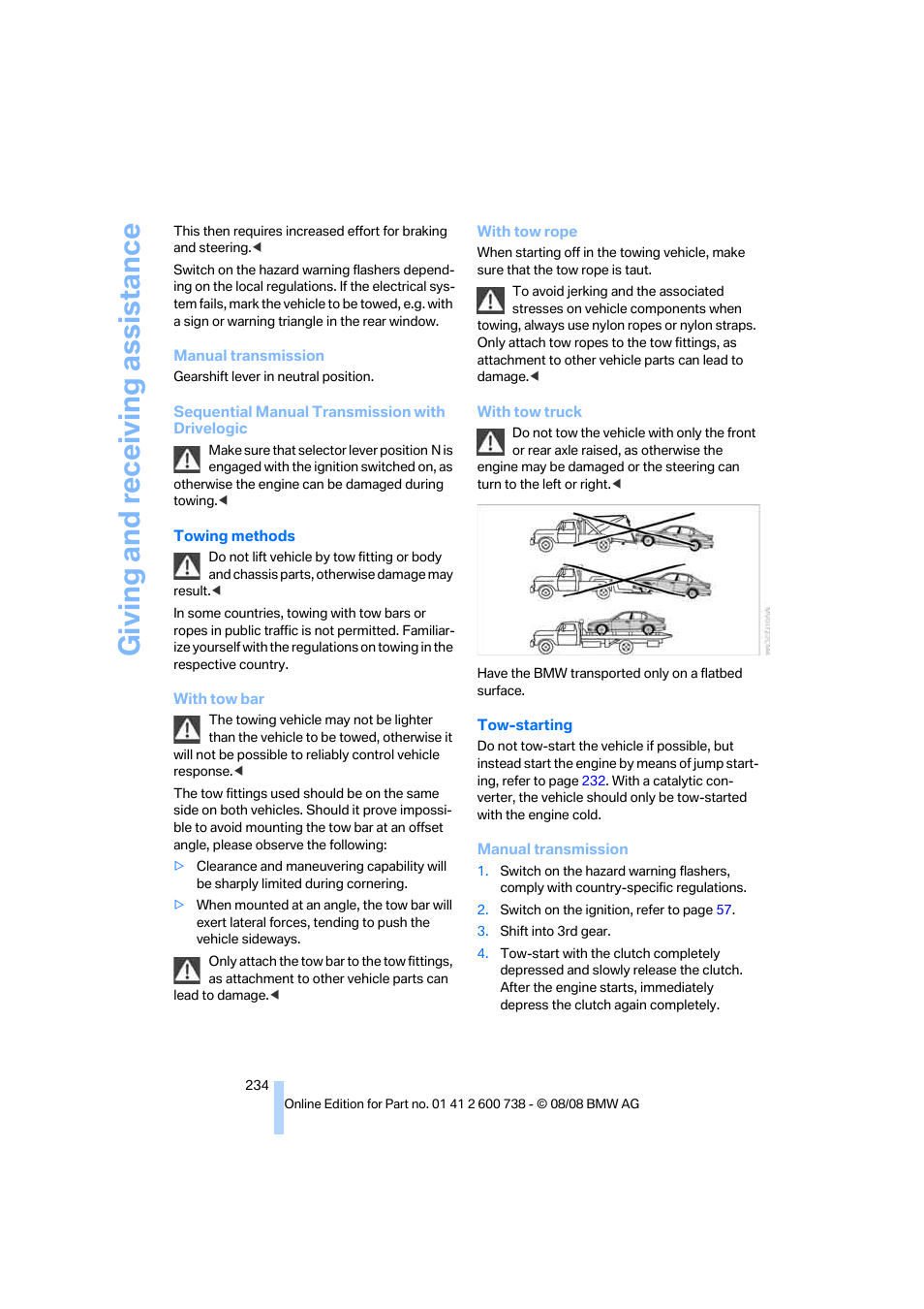 Giving and receiving assistance | BMW M5 Sedan 2009 User Manual | Page 236 / 266