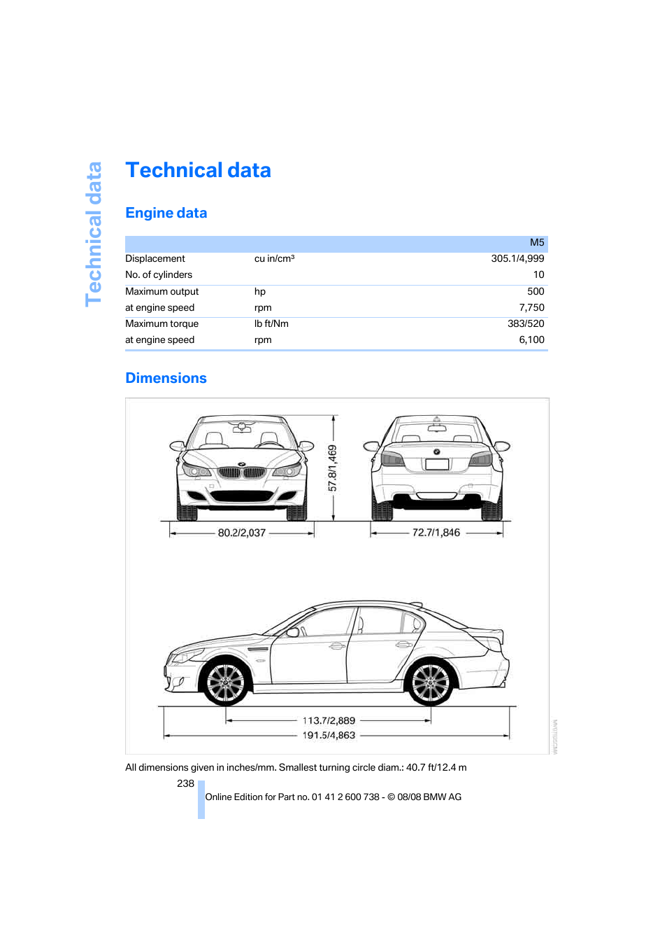 Technical data, Engine data, Dimensions | Refere, Engine data dimensions | BMW M5 Sedan 2009 User Manual | Page 240 / 266