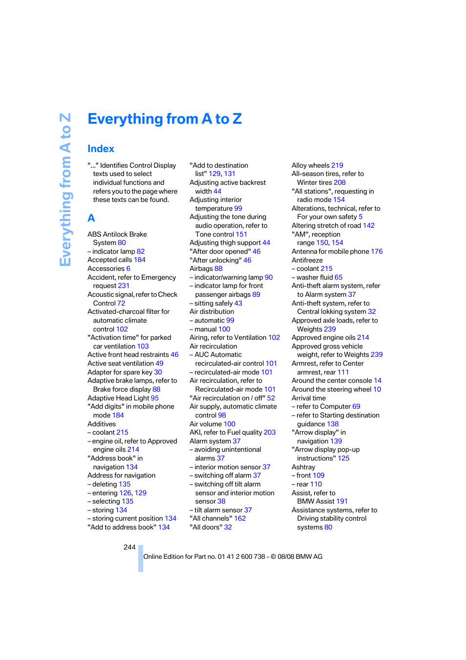 Everything from a to z, Index | BMW M5 Sedan 2009 User Manual | Page 246 / 266