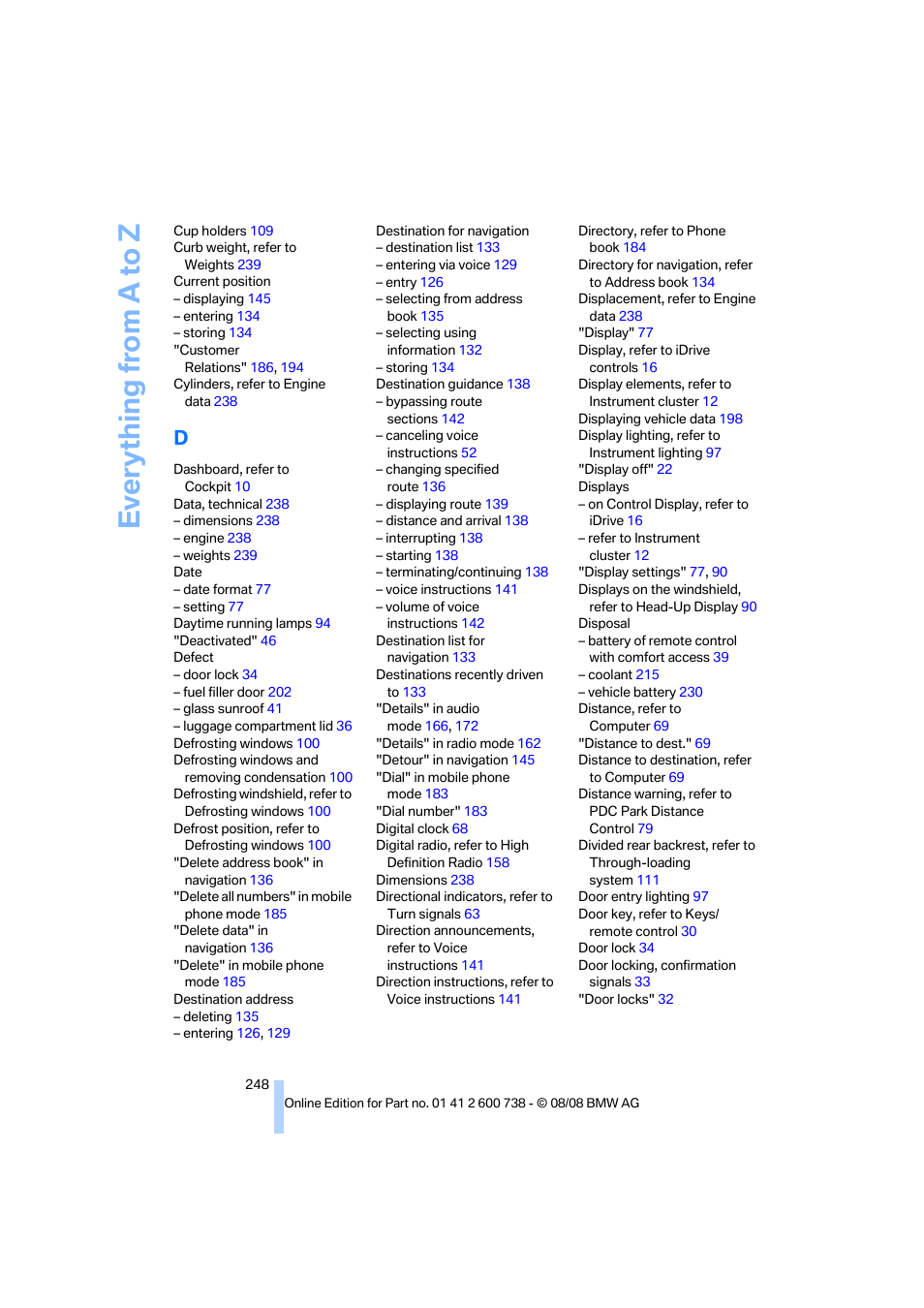Everything from a to z | BMW M5 Sedan 2009 User Manual | Page 250 / 266