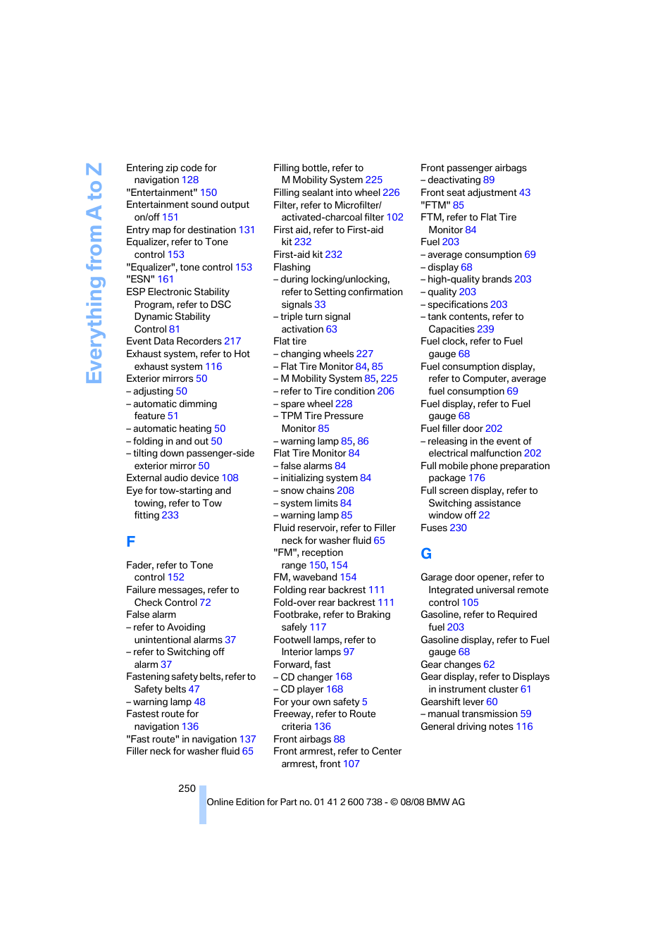 Everything from a to z | BMW M5 Sedan 2009 User Manual | Page 252 / 266