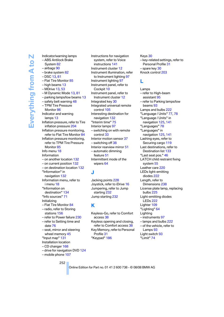 Everything from a to z | BMW M5 Sedan 2009 User Manual | Page 254 / 266