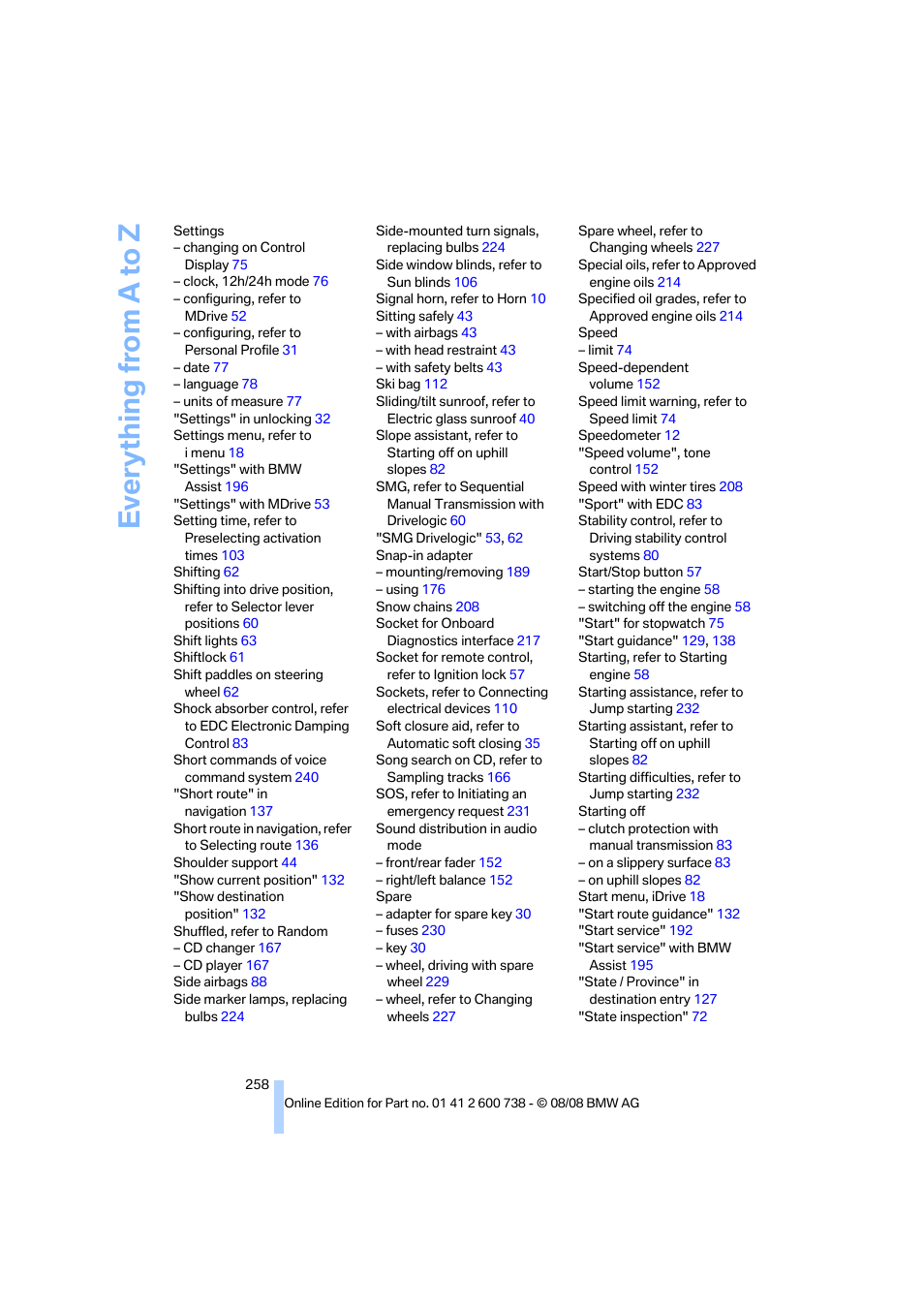 Everything from a to z | BMW M5 Sedan 2009 User Manual | Page 260 / 266