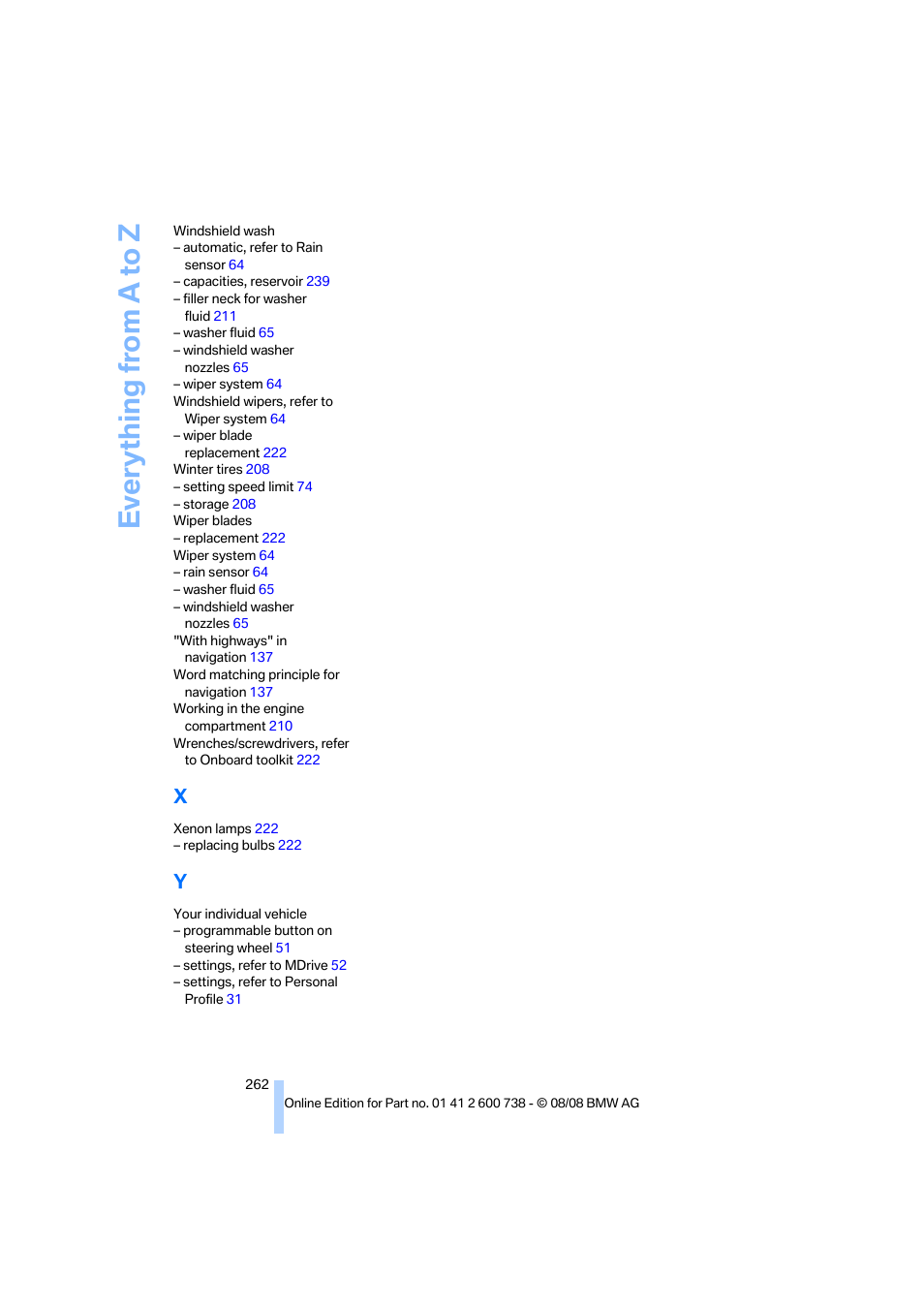 Everything from a to z | BMW M5 Sedan 2009 User Manual | Page 264 / 266