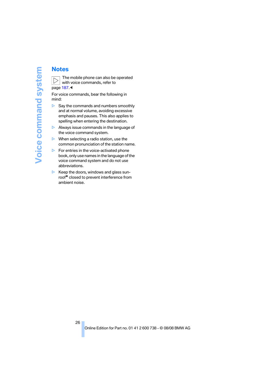 Notes, Voice command system | BMW M5 Sedan 2009 User Manual | Page 28 / 266