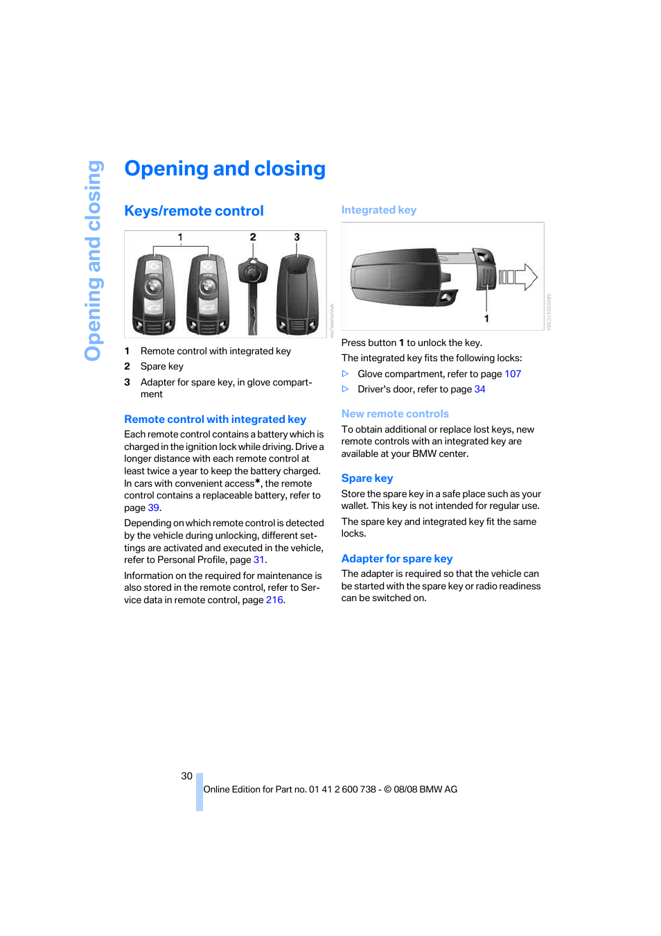 Opening and closing, Keys/remote control | BMW M5 Sedan 2009 User Manual | Page 32 / 266