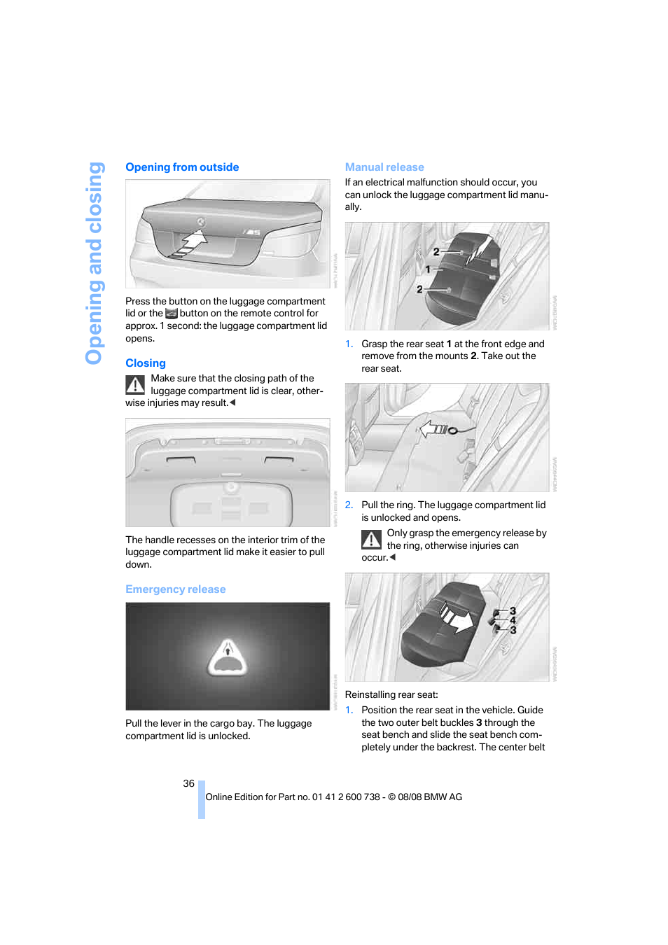 Opening and closing | BMW M5 Sedan 2009 User Manual | Page 38 / 266