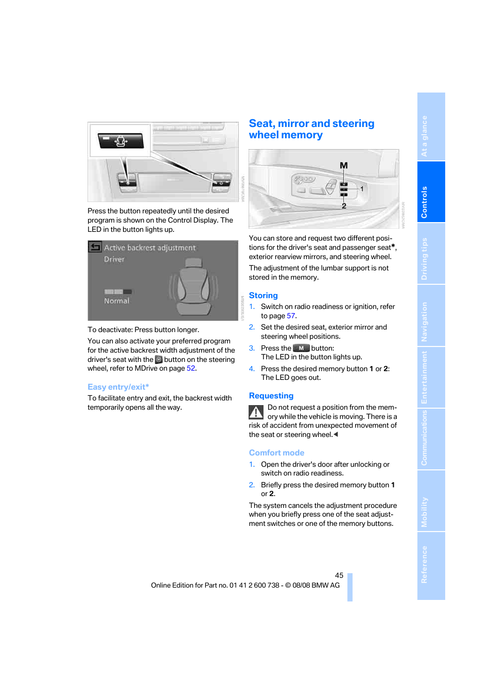 Seat, mirror and steering wheel memory | BMW M5 Sedan 2009 User Manual | Page 47 / 266