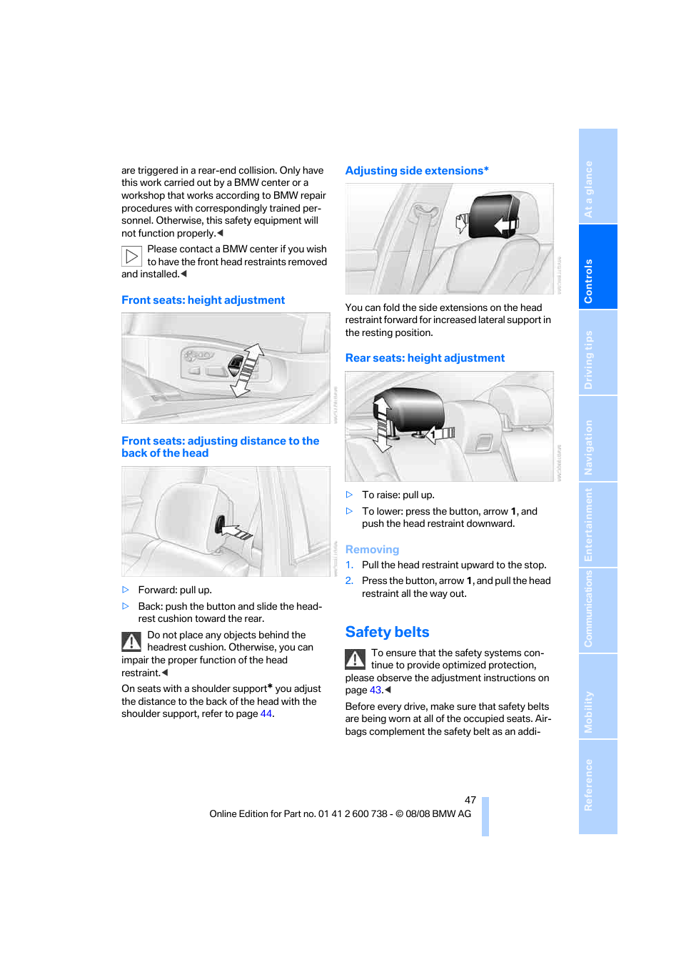 Safety belts | BMW M5 Sedan 2009 User Manual | Page 49 / 266