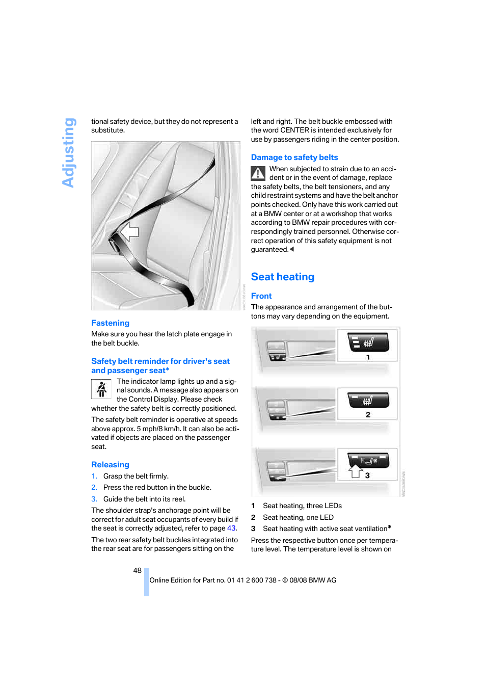 Seat heating, Adjusting | BMW M5 Sedan 2009 User Manual | Page 50 / 266