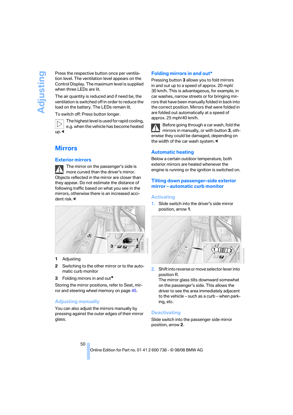 Mirrors, Adjusting | BMW M5 Sedan 2009 User Manual | Page 52 / 266