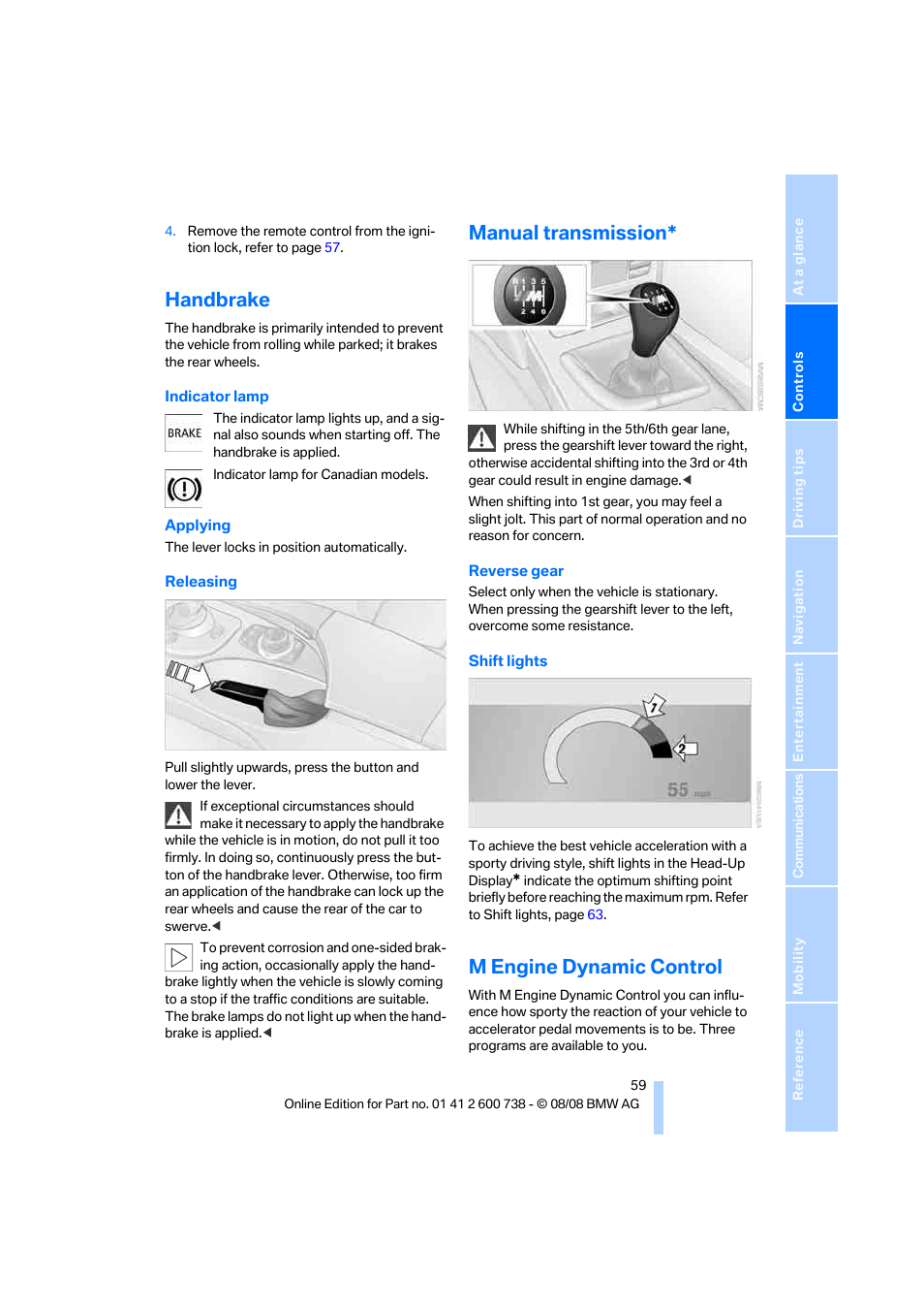 Handbrake, Manual transmission, M engine dynamic control | Sion | BMW M5 Sedan 2009 User Manual | Page 61 / 266