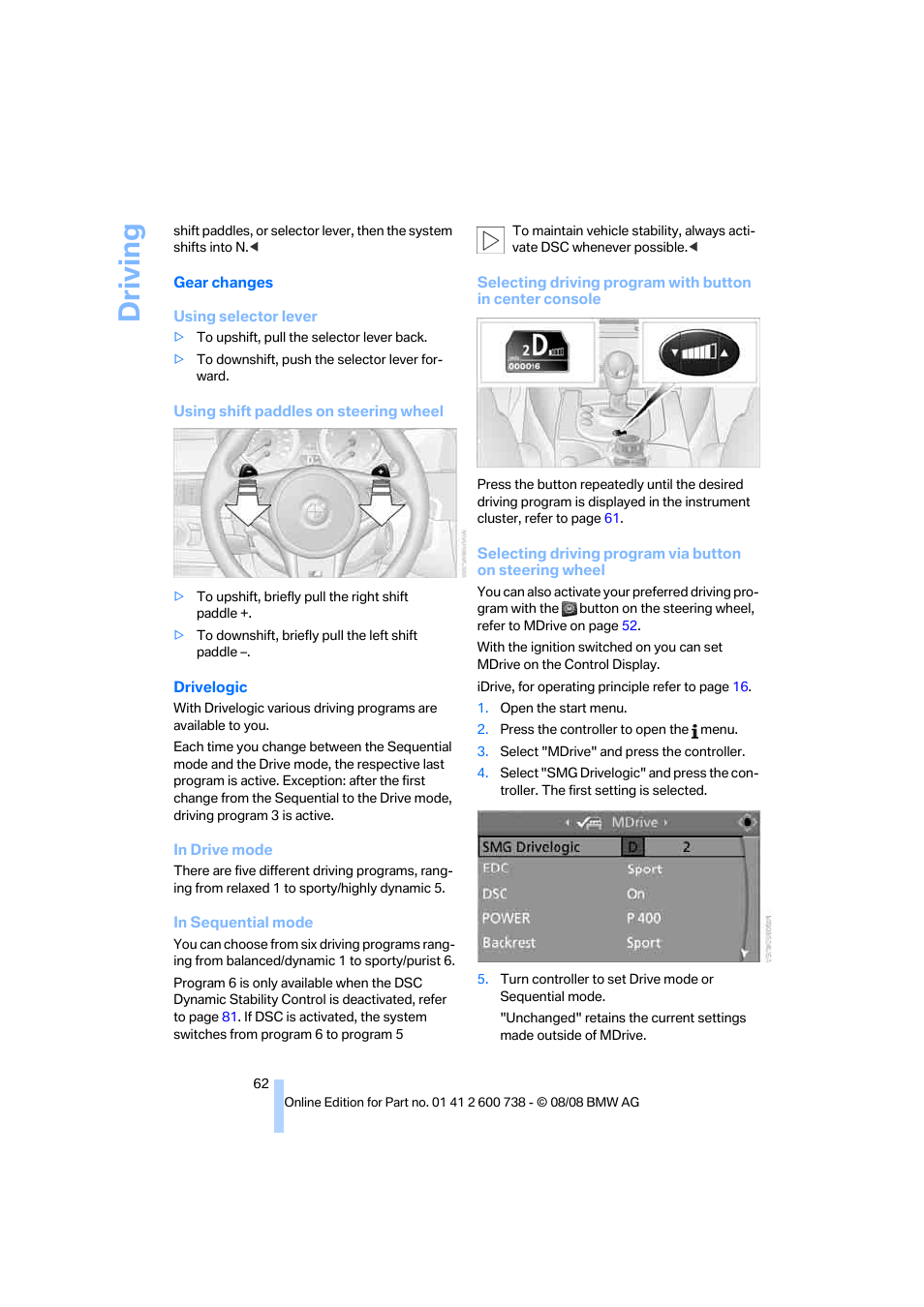 Driving | BMW M5 Sedan 2009 User Manual | Page 64 / 266