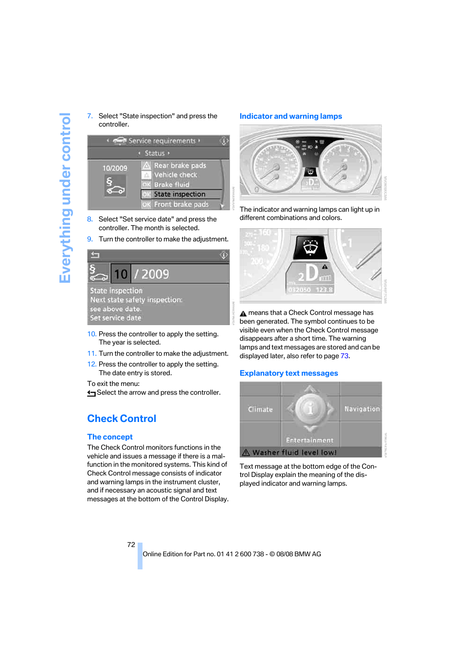 Check control, The check control, Everything under control | BMW M5 Sedan 2009 User Manual | Page 74 / 266