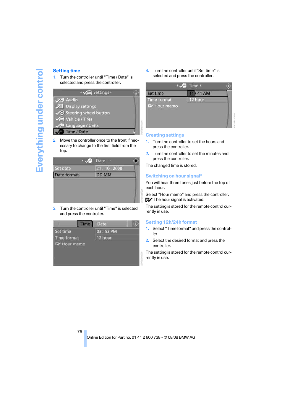 Setting time, refer to, Othe, Everything under control | BMW M5 Sedan 2009 User Manual | Page 78 / 266