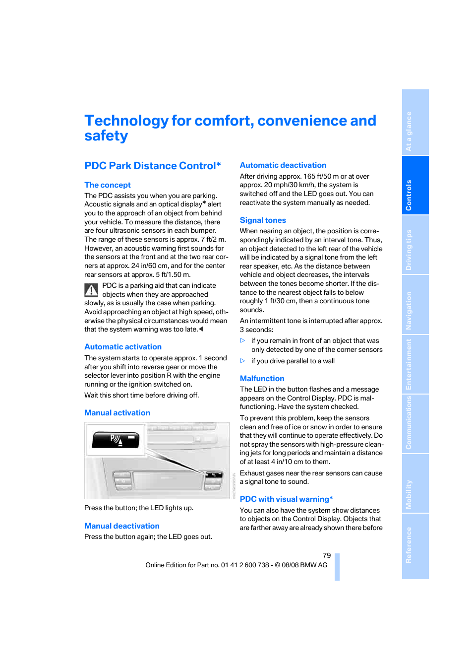 Technology for comfort, convenience and safety, Pdc park distance control | BMW M5 Sedan 2009 User Manual | Page 81 / 266