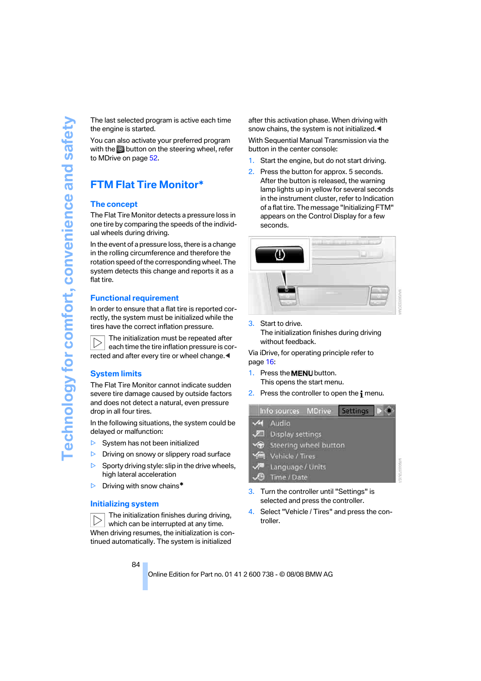 Ftm flat tire monitor, Technology for comfort, convenience and safety | BMW M5 Sedan 2009 User Manual | Page 86 / 266
