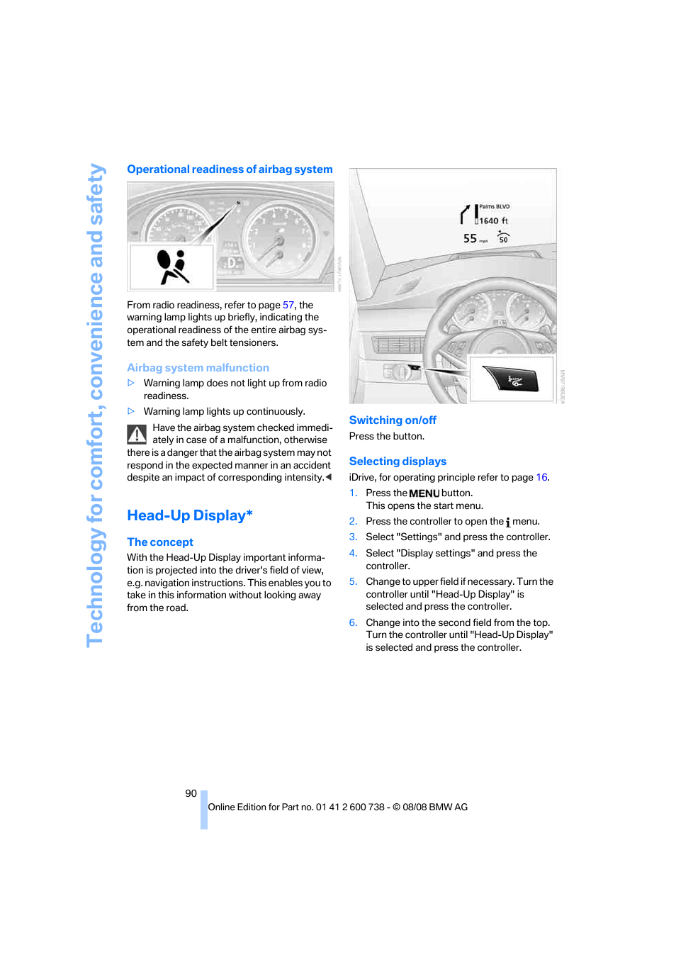 Head-up display, Technology for comfort, convenience and safety | BMW M5 Sedan 2009 User Manual | Page 92 / 266