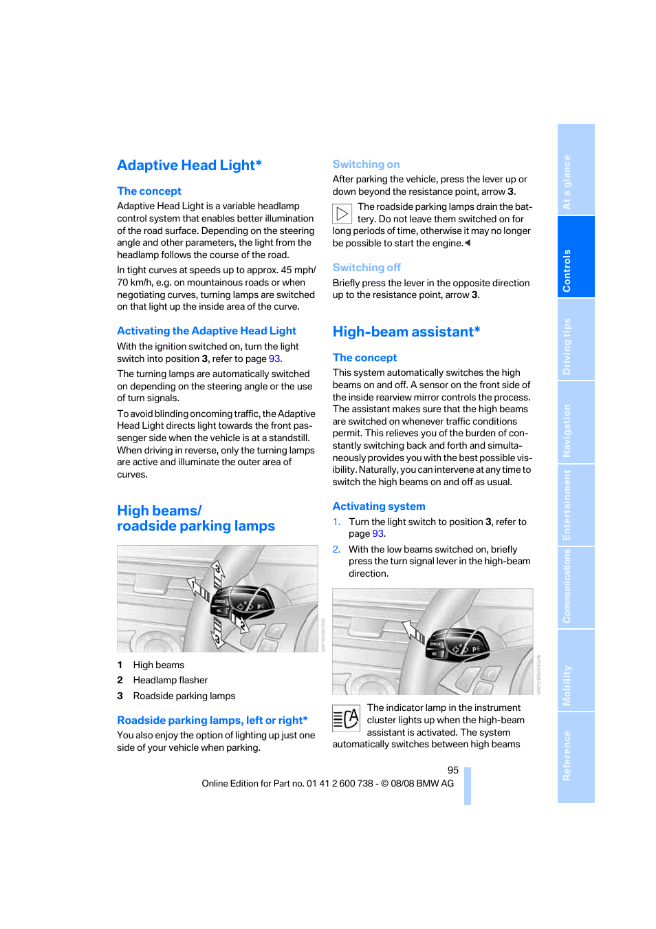 Adaptive head light, High beams/ roadside parking lamps, High-beam assistant | BMW M5 Sedan 2009 User Manual | Page 97 / 266