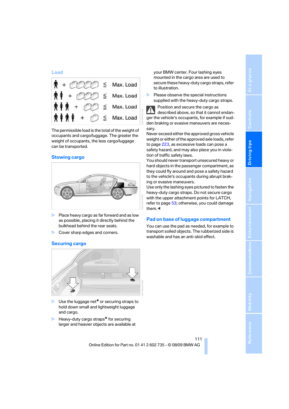 Securing cargo | BMW M6 Convertible 2010 User Manual | Page 113 / 250