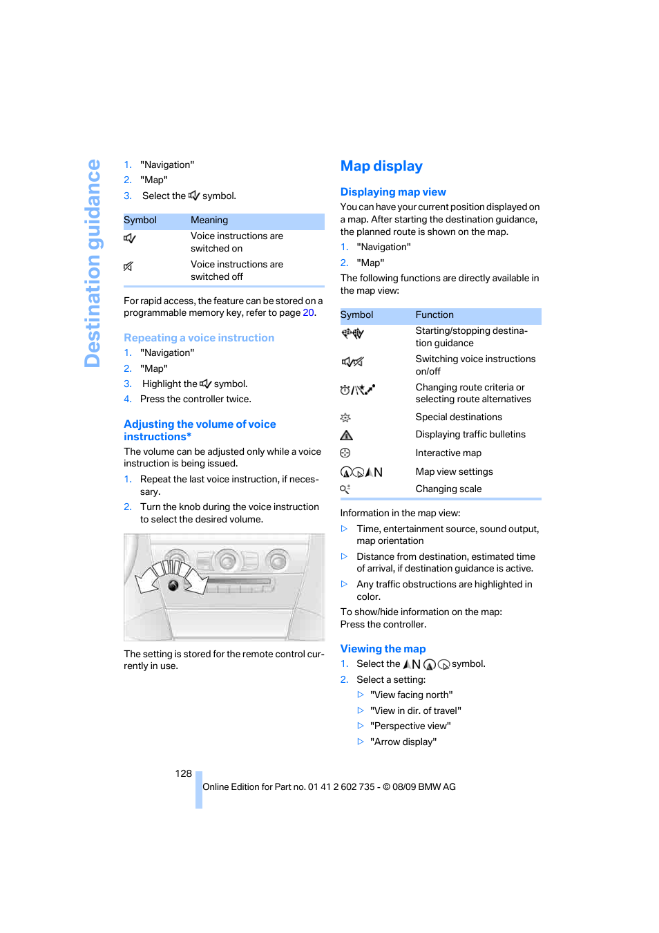 Map display, Destination guidance | BMW M6 Convertible 2010 User Manual | Page 130 / 250