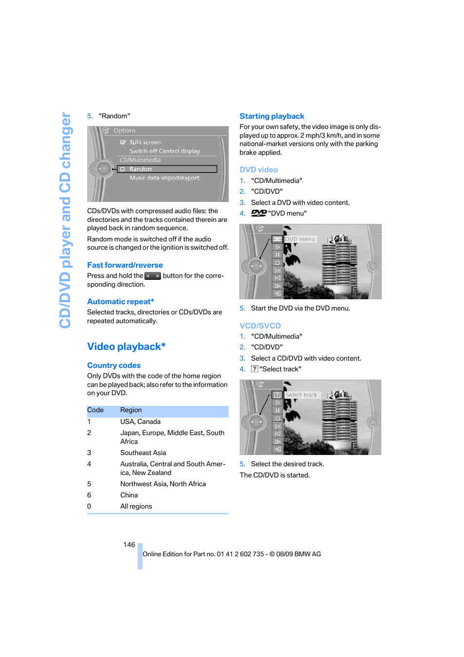 Video playback, Cd/ d vd player and cd changer | BMW M6 Convertible 2010 User Manual | Page 148 / 250