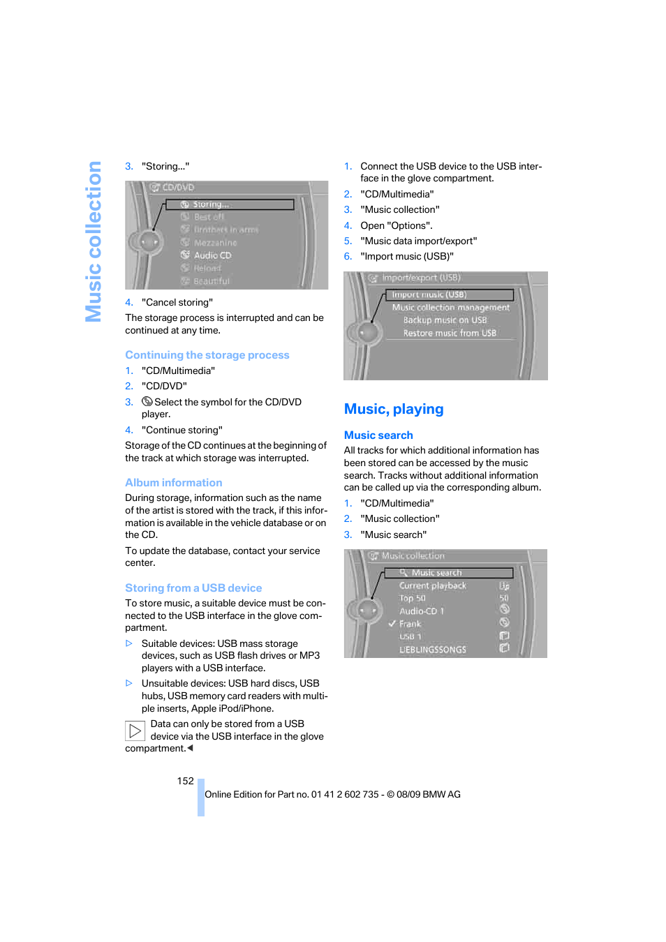 Music, playing, Music collection | BMW M6 Convertible 2010 User Manual | Page 154 / 250